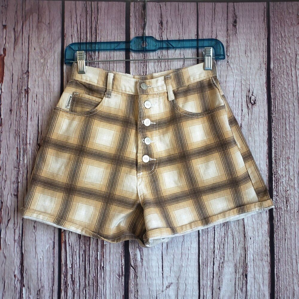 BONGO Yellow Plaid High-Rise Button-Front Jean Shorts